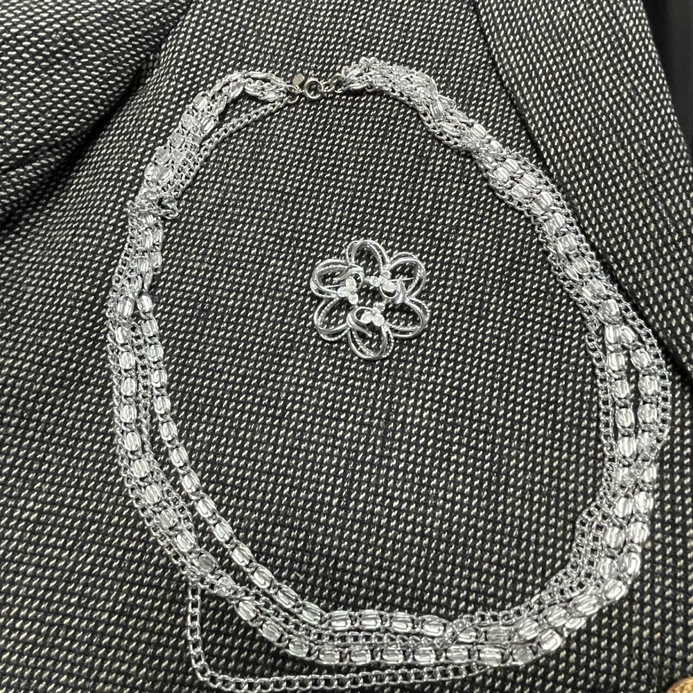 Vintage Silver Tone Rhinestone Sarah Brooch and Layered Chain‎ Necklace 24"